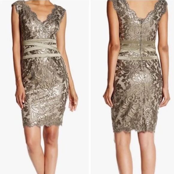 Tadashi Shoji Lace Gold Sequin Overlay Taupe Smoked Pearl Cocktail Dress Sz 2 - Picture 16 of 16